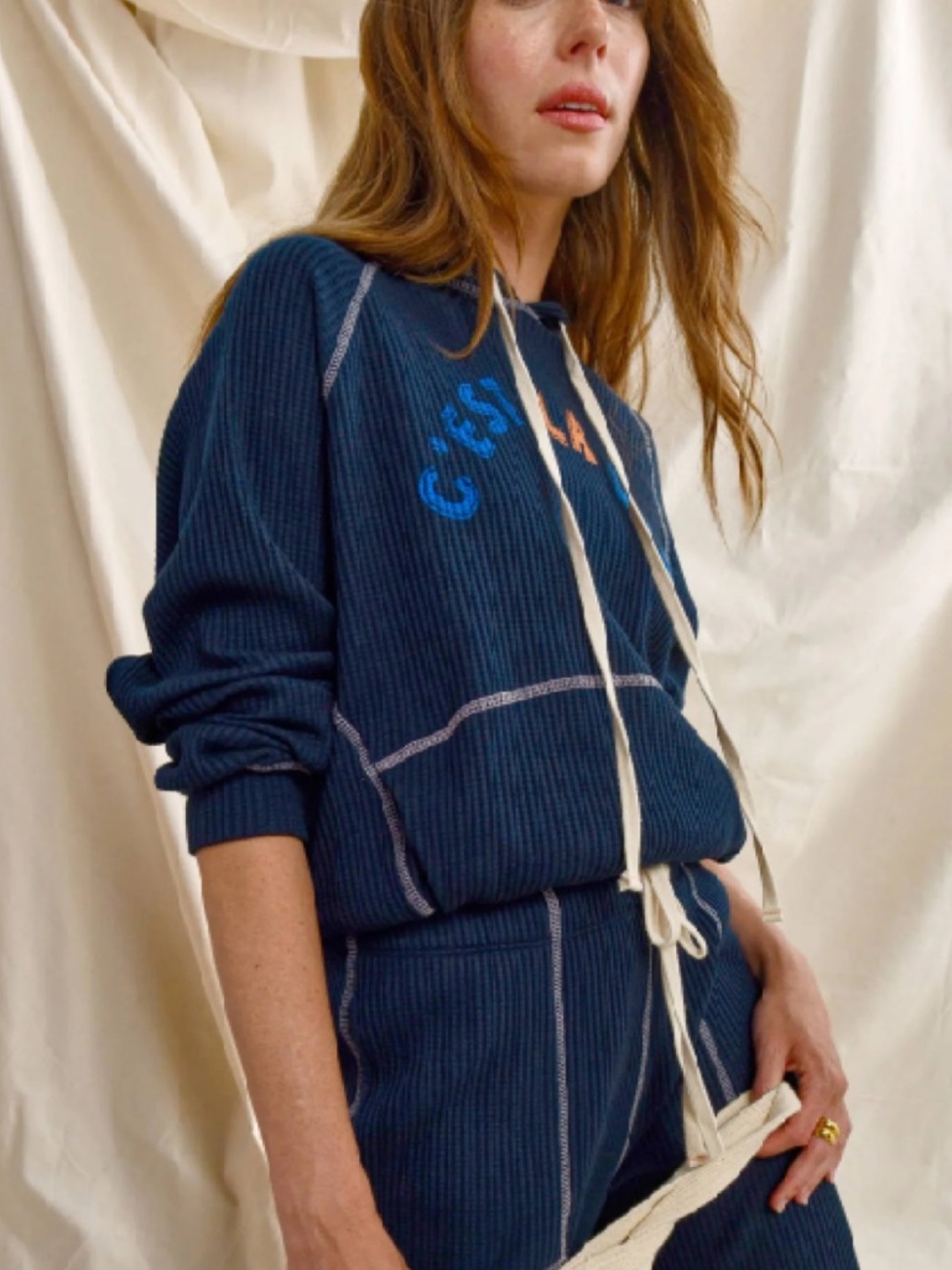 Sundry Navy Blue Ribbed Zip-Up Hoodie with Cream Drawstrings